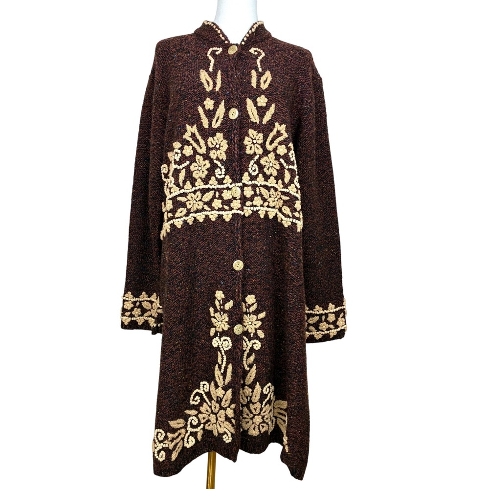 Vtg Cardigan Duster XL Wool Longline Embroidered Cottage Brown Luxury Artsy Boho